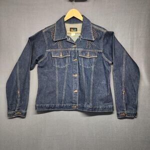 Action West Jeans Jacket Womens Large Blue Denim Studded Western Trucker Cowgirl